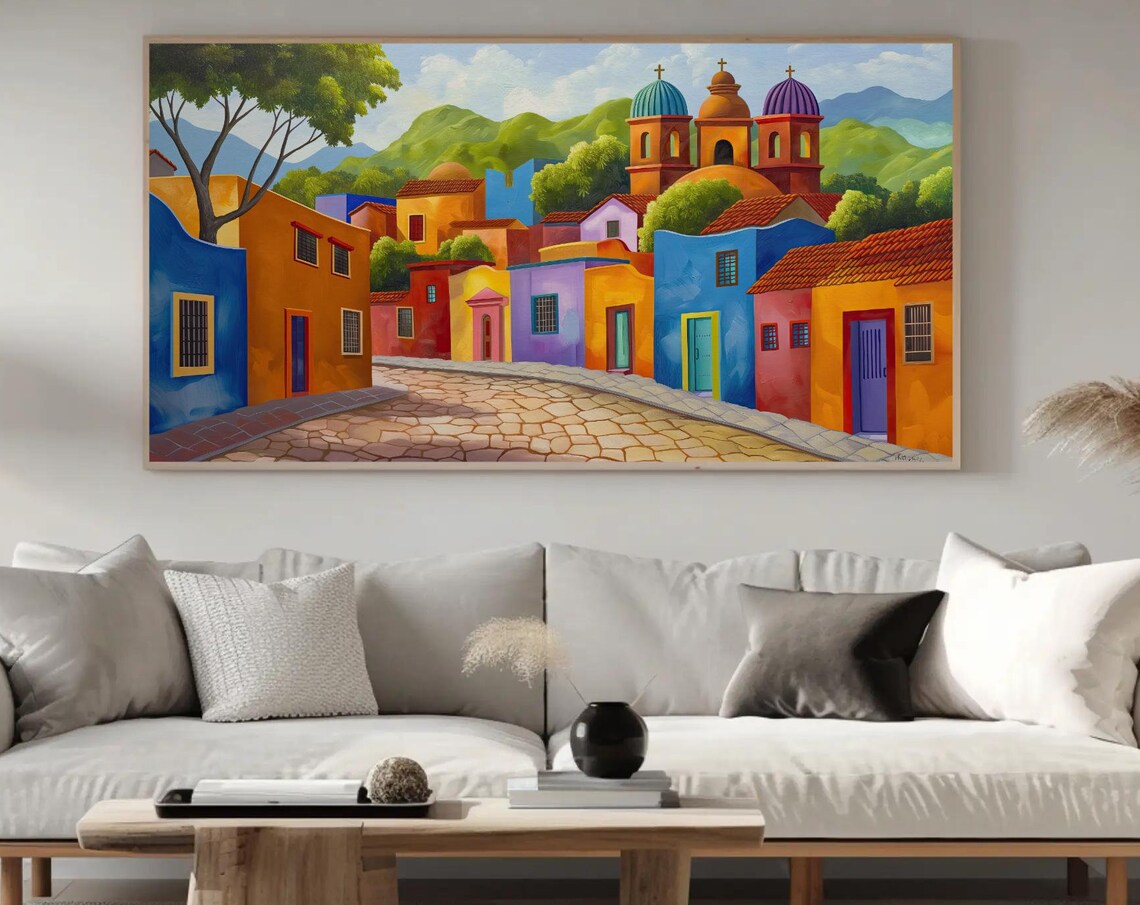 Colorful Mexican Town Street With Twin Church Domes Art Poster