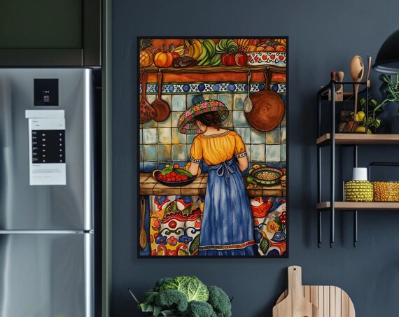 Mexican Woman Cooking in a Colorful Traditional Folk Art Kitchen Poster