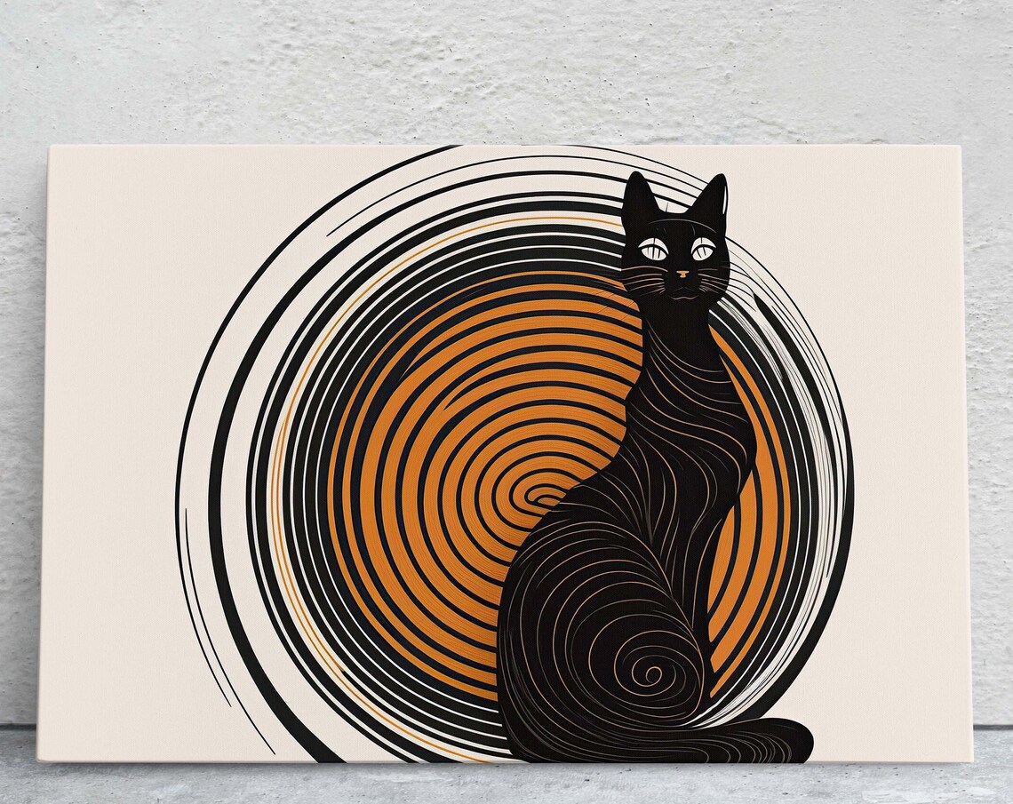 Minimalist Black Cat Orange Spiral Circle Mid Century Modern Boho Art Poster