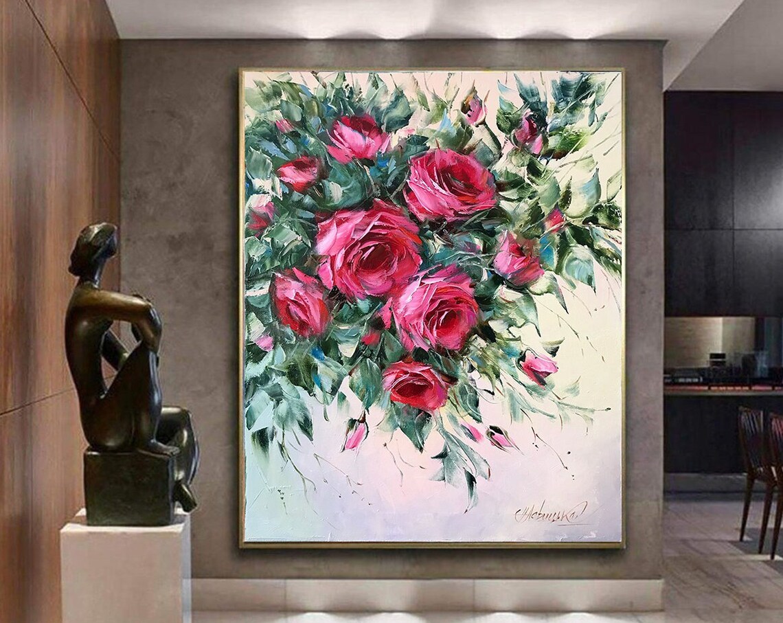 Pink Rose Painting On Abstract Floral Oil Painting In Gold Frame 20x28 Floral Art Pink Roses Painting Original Rose Artwork - Image 2