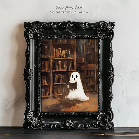 Ghost Reading Book in Library Bright Whimsical Halloween Poster