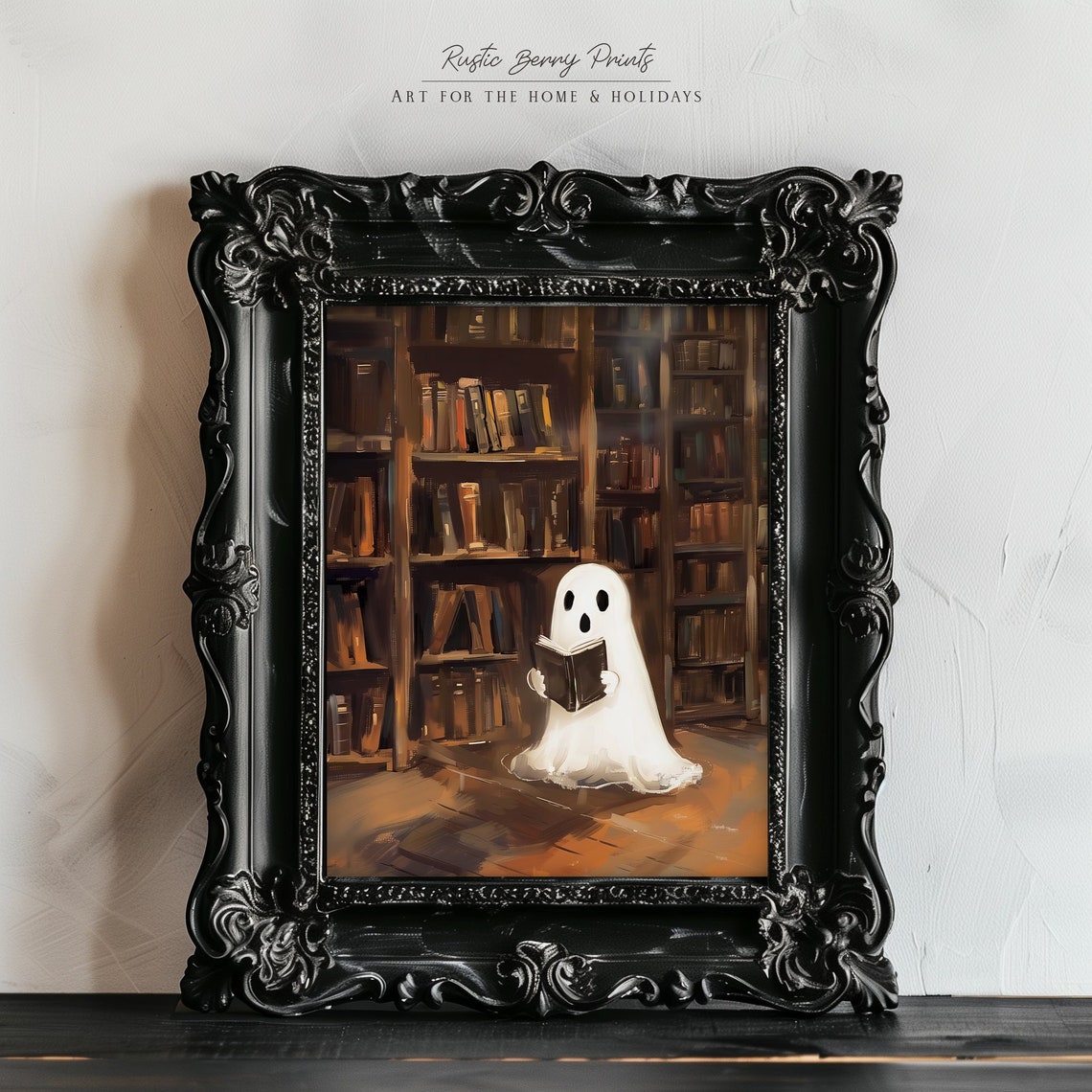 Ghost Reading Book in Library Bright Whimsical Halloween Poster