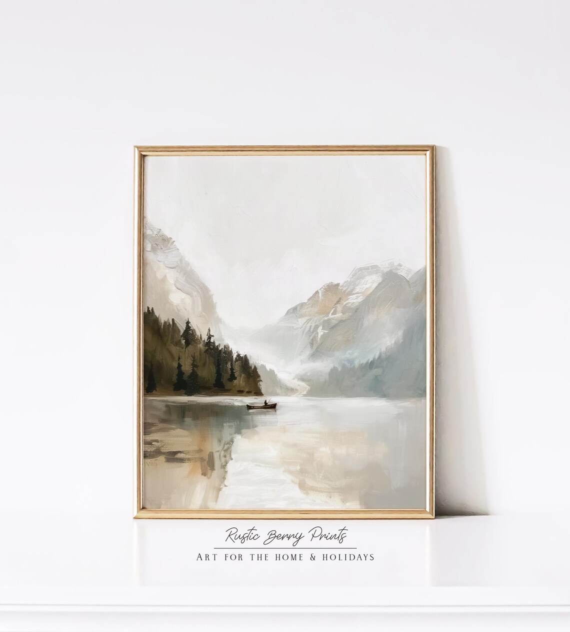 Misty Mountain Lake Boat Watercolor Landscape Painting Print - Image 2
