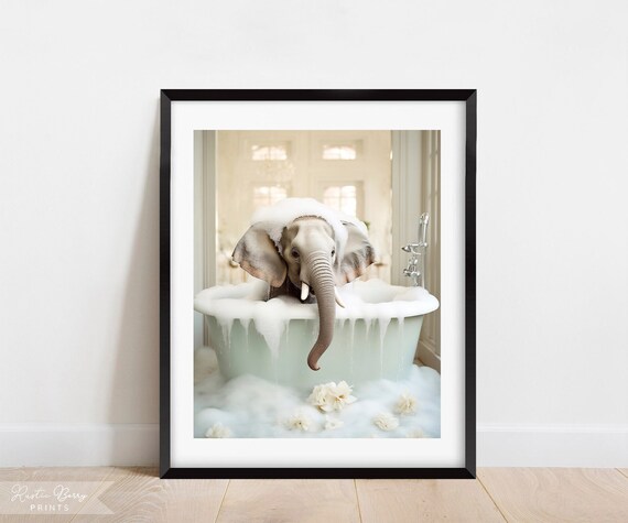 Baby Elephant In Bubble Bath Clawfoot Tub Adorable Nursery Bathroom Wall Art Print