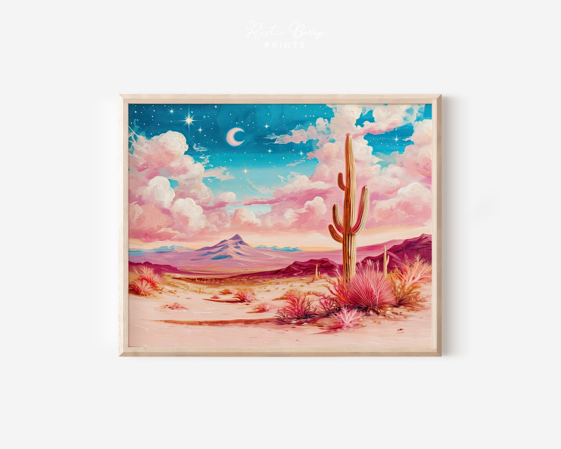 Pink Desert Saguaro Cactus Starry Night Crescent Moon Western Wall Art