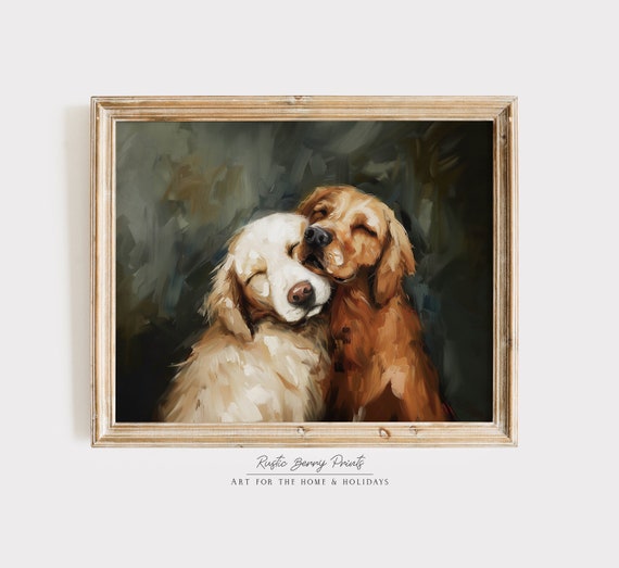 Cute Golden Retrievers Wall Art Oil Painting Vintage Gift For Dog Lovers Dogs Poster Antique Print