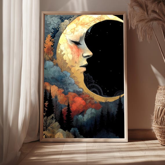 Surreal Moon Face Art Print Celestial Dreamscape Wall Decor Mystical Night Forest A1a5 Sizes