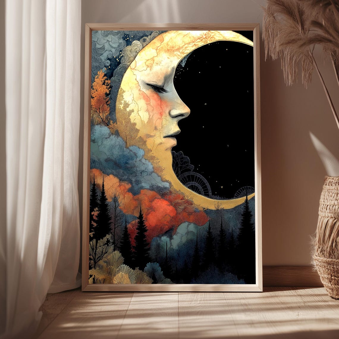 Crescent Moon Face Forest Night Sky Surreal Dreamy Art Print