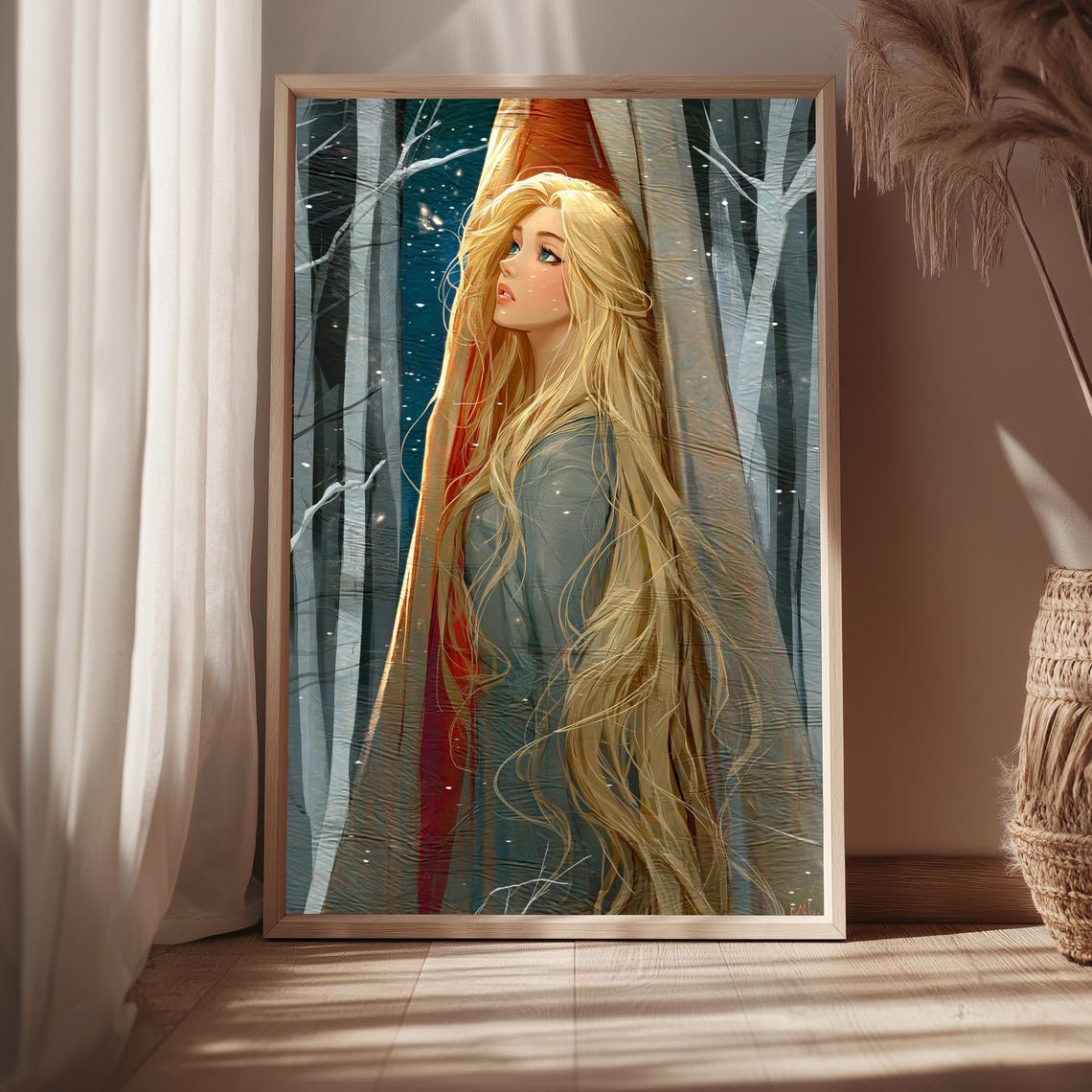 Fantasy Winter Woman Blonde Red Veil Snowy Birch Forest Print