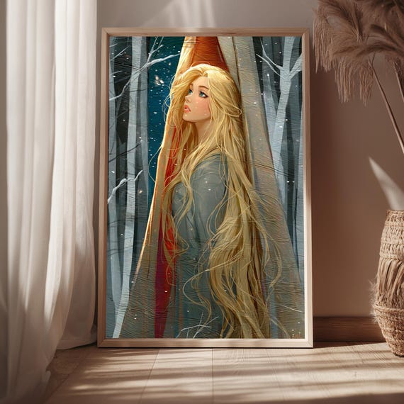 Fantasy Winter Forest Woman Art Print Snowy Landscape Wall Enchanted Nordic Home Decor