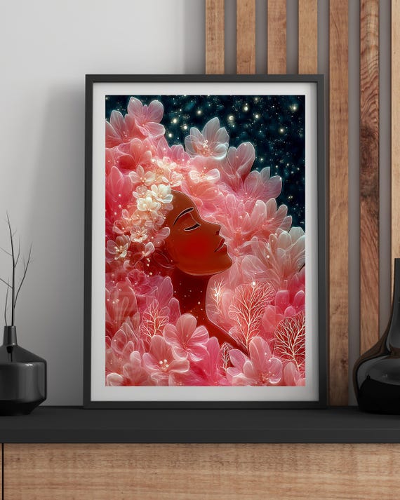 Celestial Floral Wall Art Print Fantasy Surreal Bedroom Decor Ethereal Woman Dreamy Boho Gallery Poster