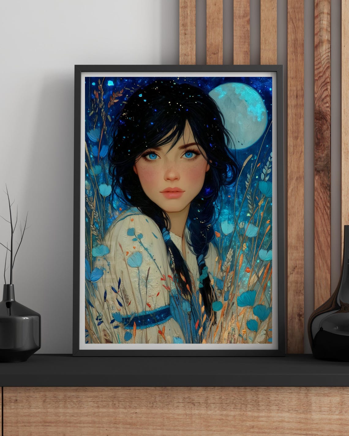 Dark Haired Girl Starry Night Sparkling Blue Eyes Full Moon Print