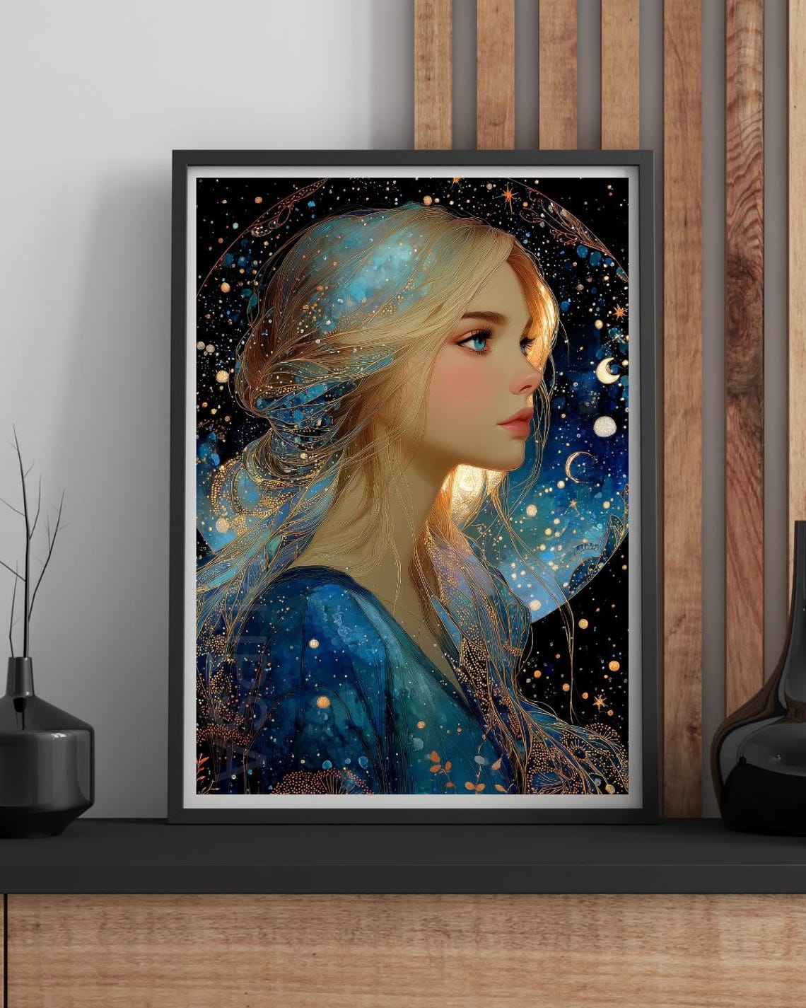 Blonde Woman Starry Night Sky Hair Dreamy Double Exposure Print