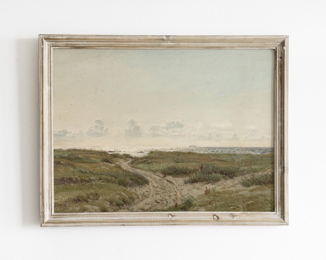 Sandy Beach Painting Vintage Beach Print Blue Wall Art Vintage Coastal Oil Painting Beach Hosue Art French Country Wall Art