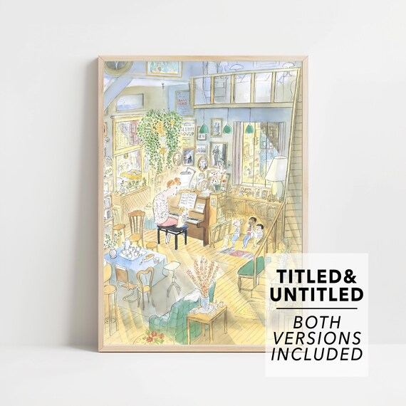 Woman Playing Piano Cozy Book Filled Living Room Music Poster