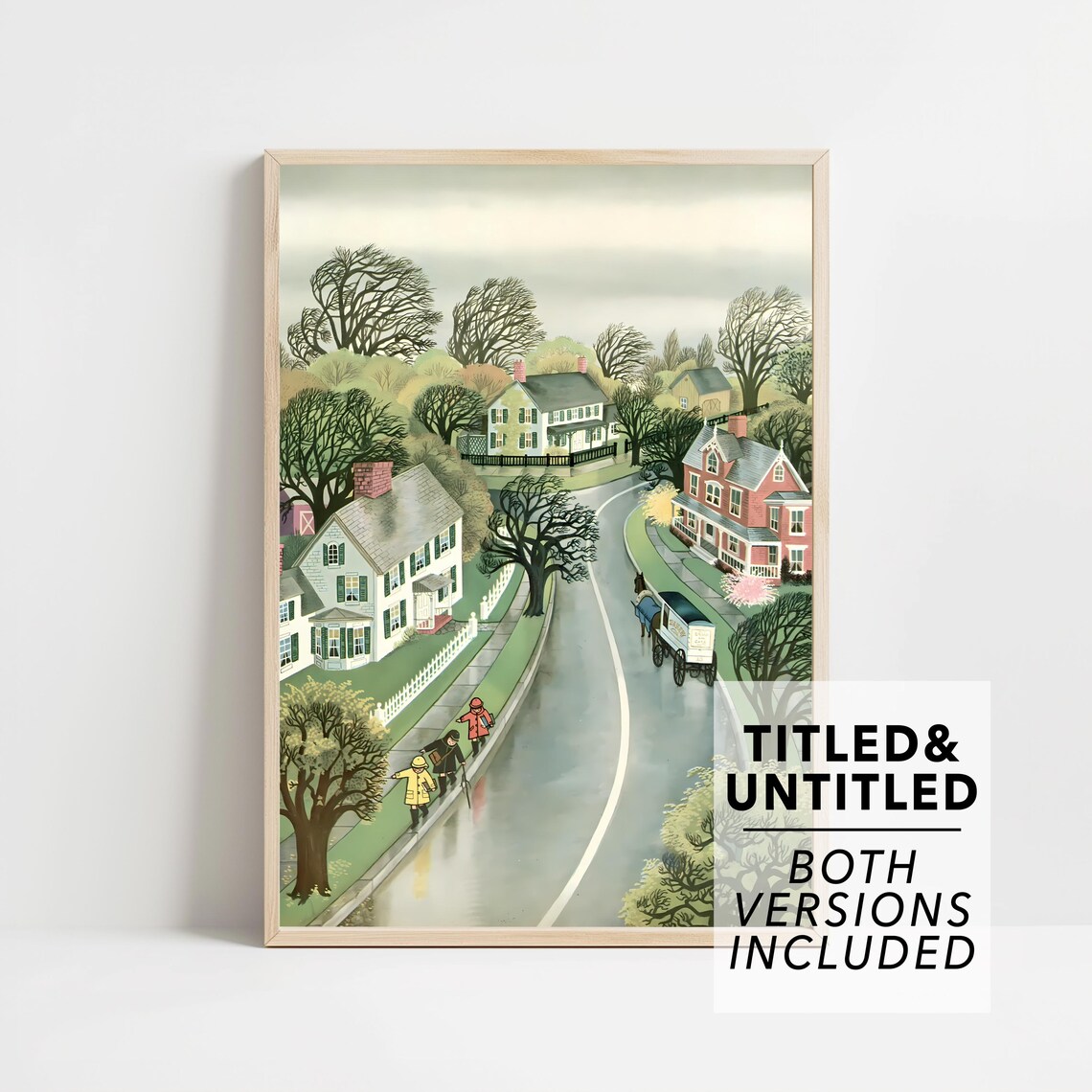 Rainy Village Street Children Raincoats Vintage Town Scene Poster
