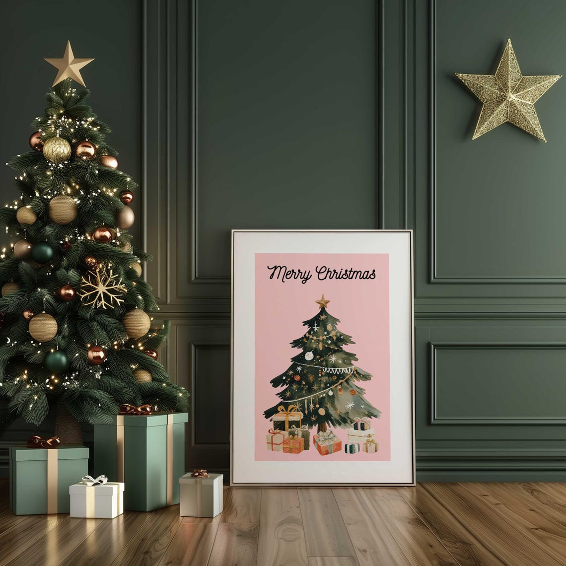 Black Merry Christmas Script Pink Watercolor Tree Gifts Holiday Poster - Image 3