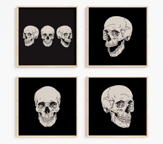 Vintage Skull Set Of Four Black Gothic Halloween Anatomy Print