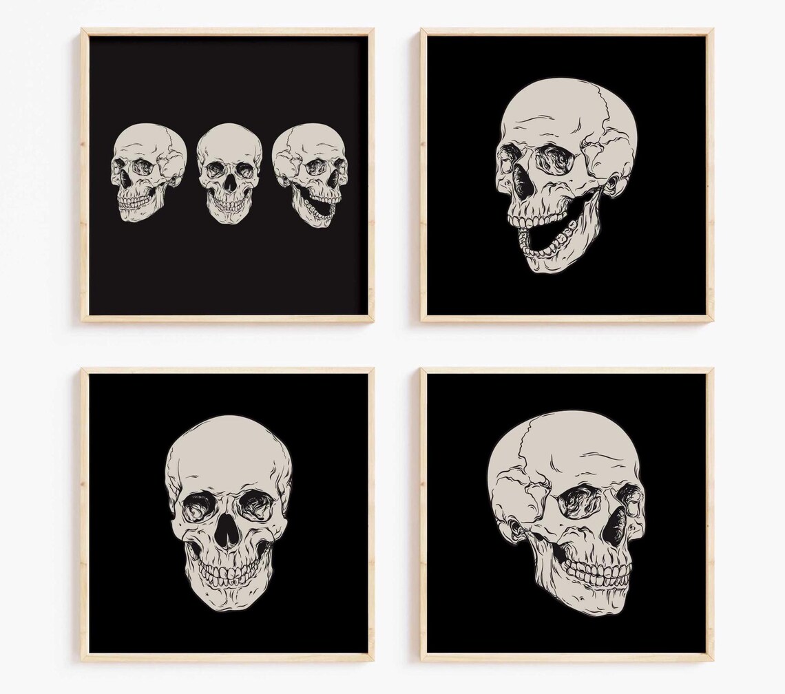 Vintage Skull Set Of Four Black Gothic Halloween Anatomy Print