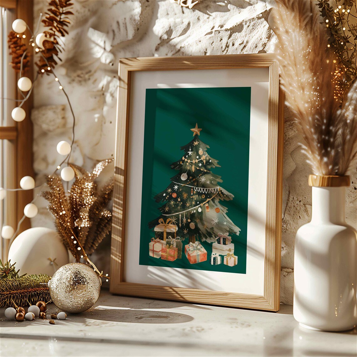 Watercolor Christmas Tree With Gifts Dark Green Holiday Poster - Image 3