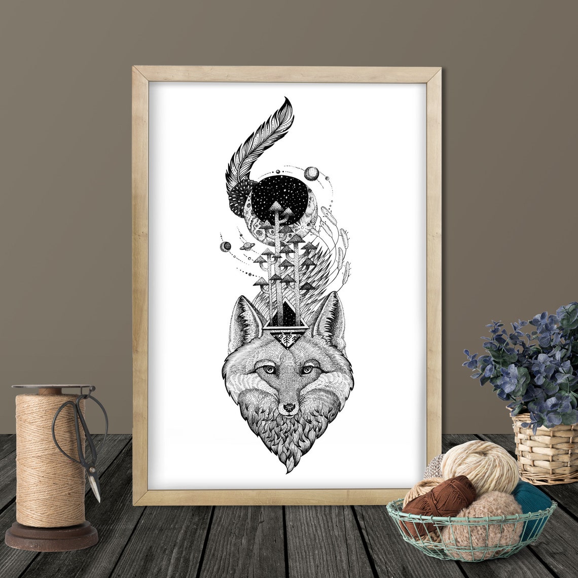 Print File Instant Jpg Space Fox Art Poster Print Black And White Illustration Animal Forest Tree Print