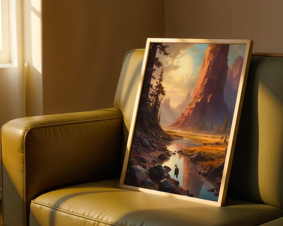 Sunset Mountain River Landscape Nature Wall Art For Rustic Decor