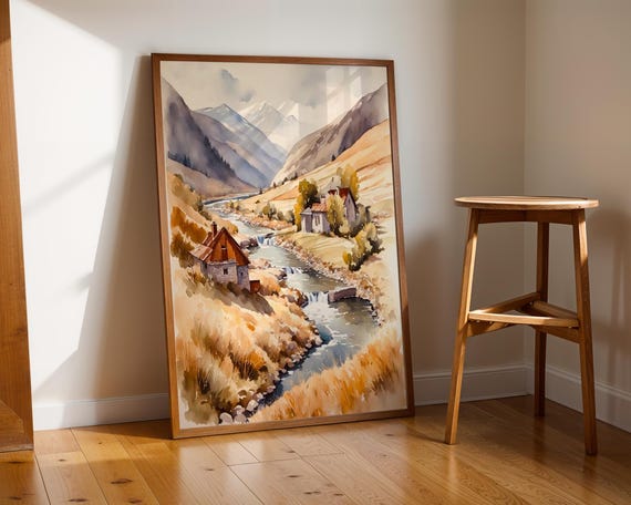 Mountain River Watercolor Landscape Rustic Valley Cottage Art Print Serene Nature Wall Decor Instant Artwork