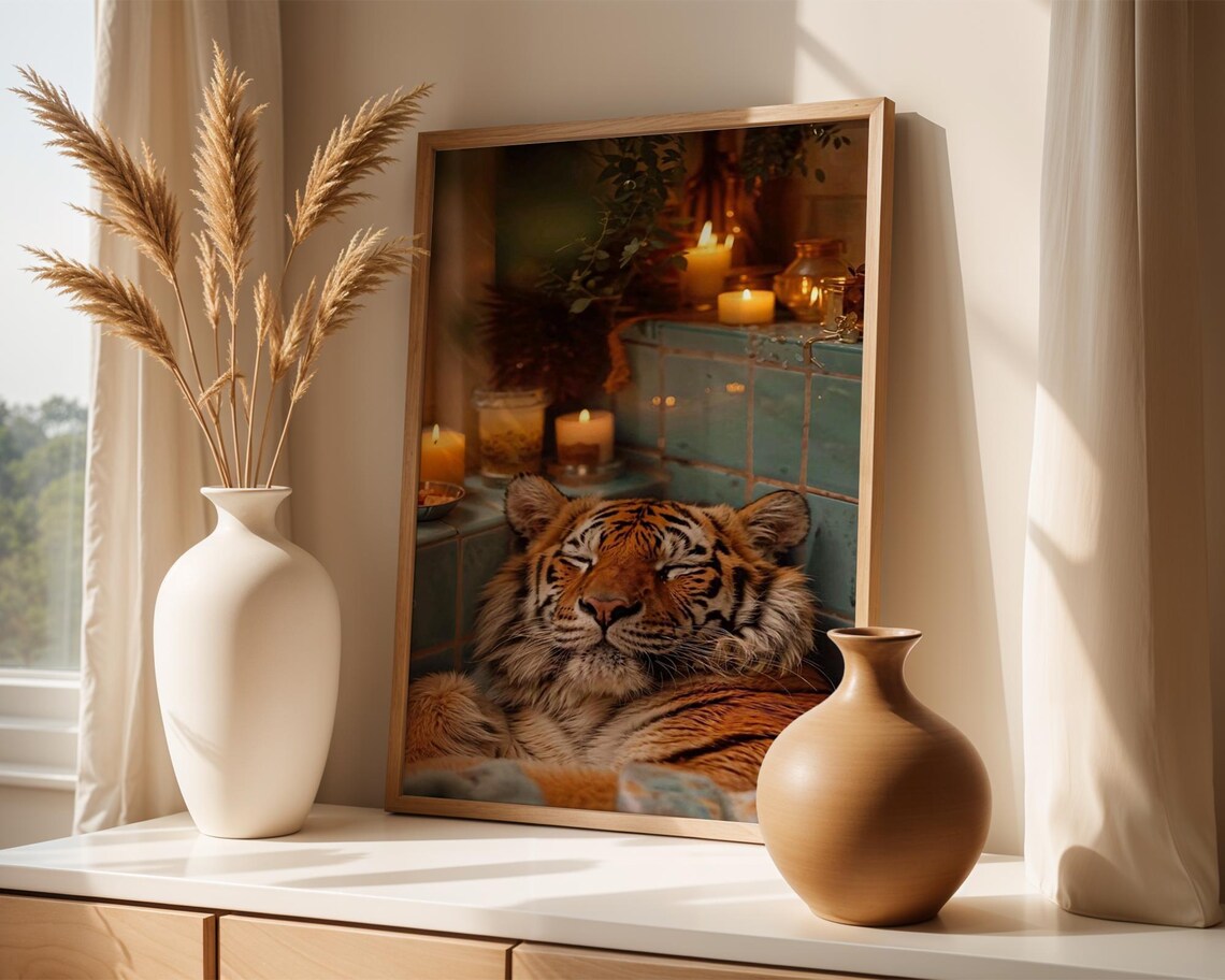 Relaxing Tiger In A Candlelit Sanctuary Art Print