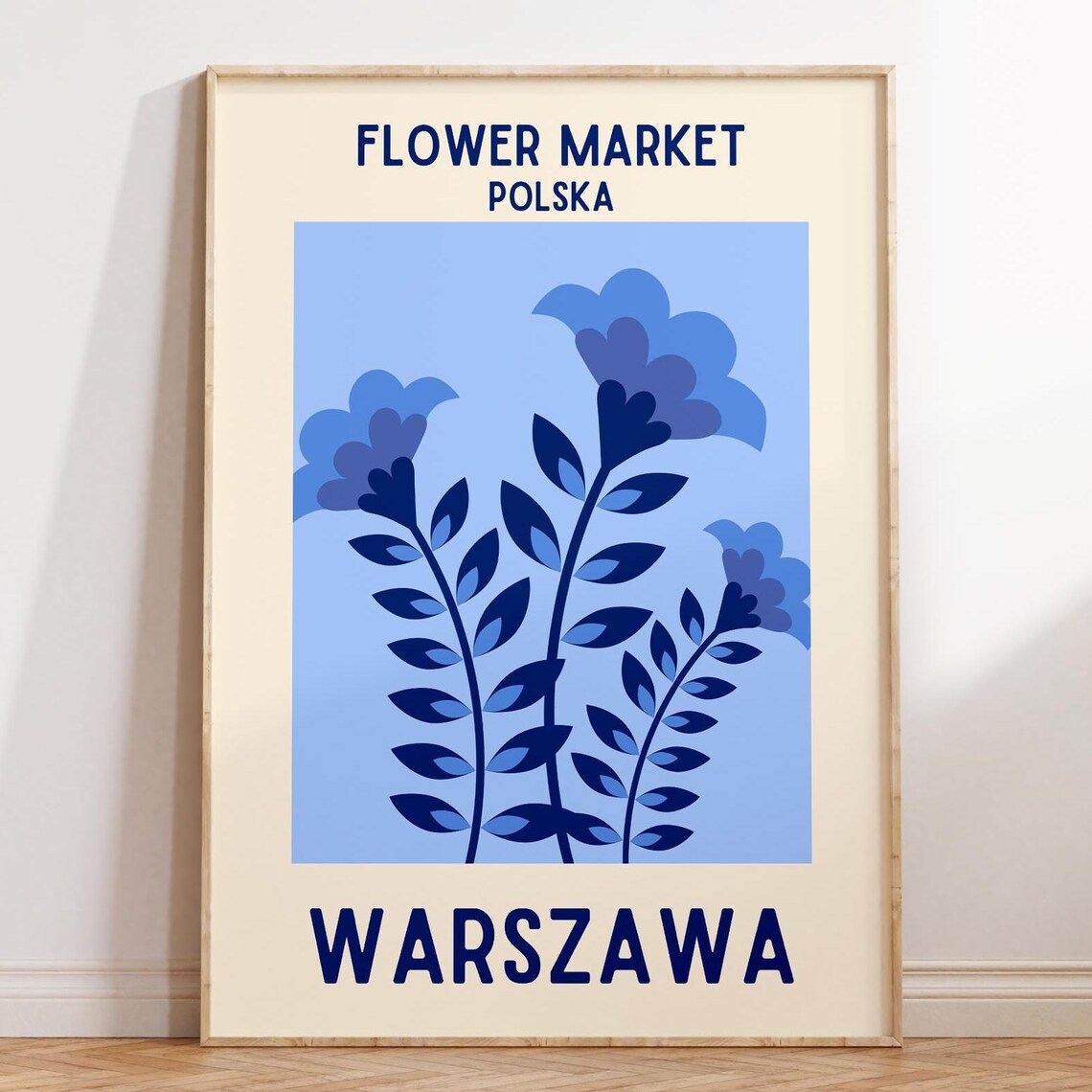 Warszawa Polska Blue Floral Flower Market Minimalist Botanical Poster