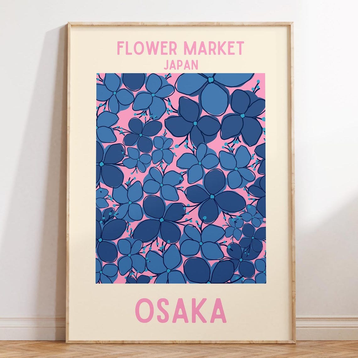 Osaka Japan Flower Market Navy Floral on Pink Decorative Poster