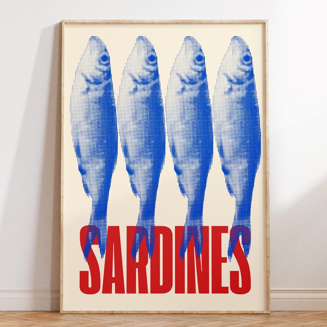 Blue Halftone Sardines Fish Red Bold Typography Nautical Poster