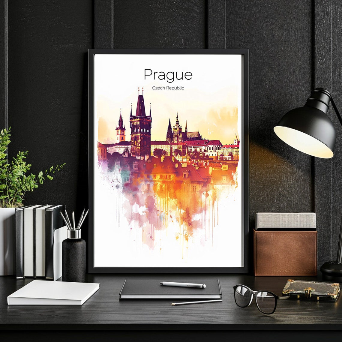 Prague Czech Republic Watercolor Skyline Old Town Towers Poster