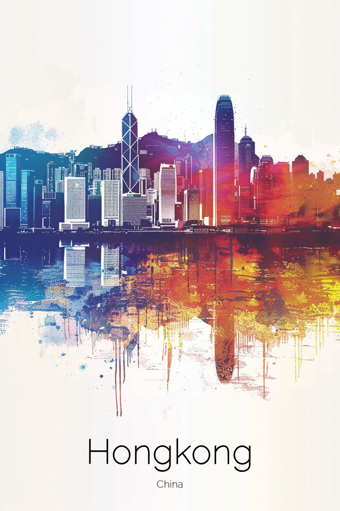 Hong Kong China Watercolor Skyline Harbor Victoria Dusk Poster - Image 2