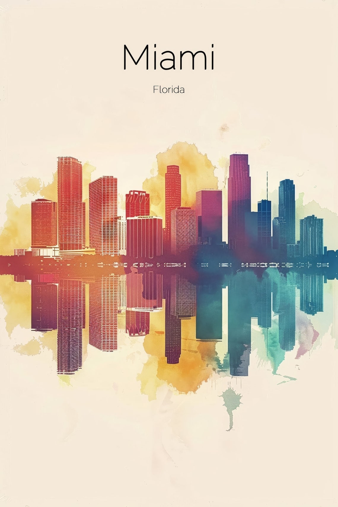 Miami Florida Downtown Skyline Gradient Watercolor Travel Poster - Image 2