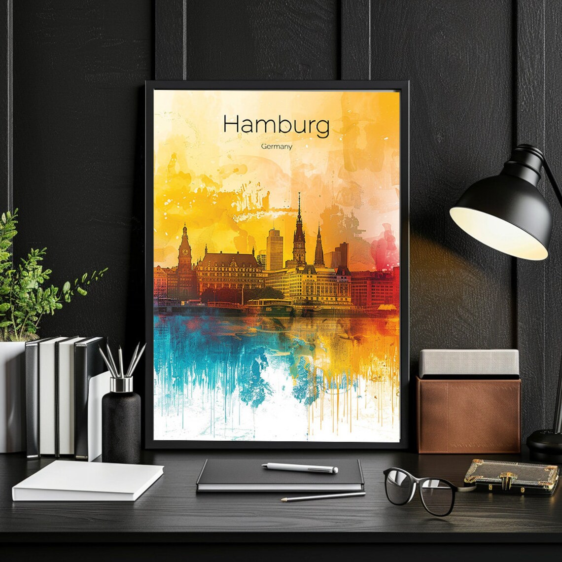 Hamburg Germany Watercolor Harbor Sunset Golden Skyline Glow Poster