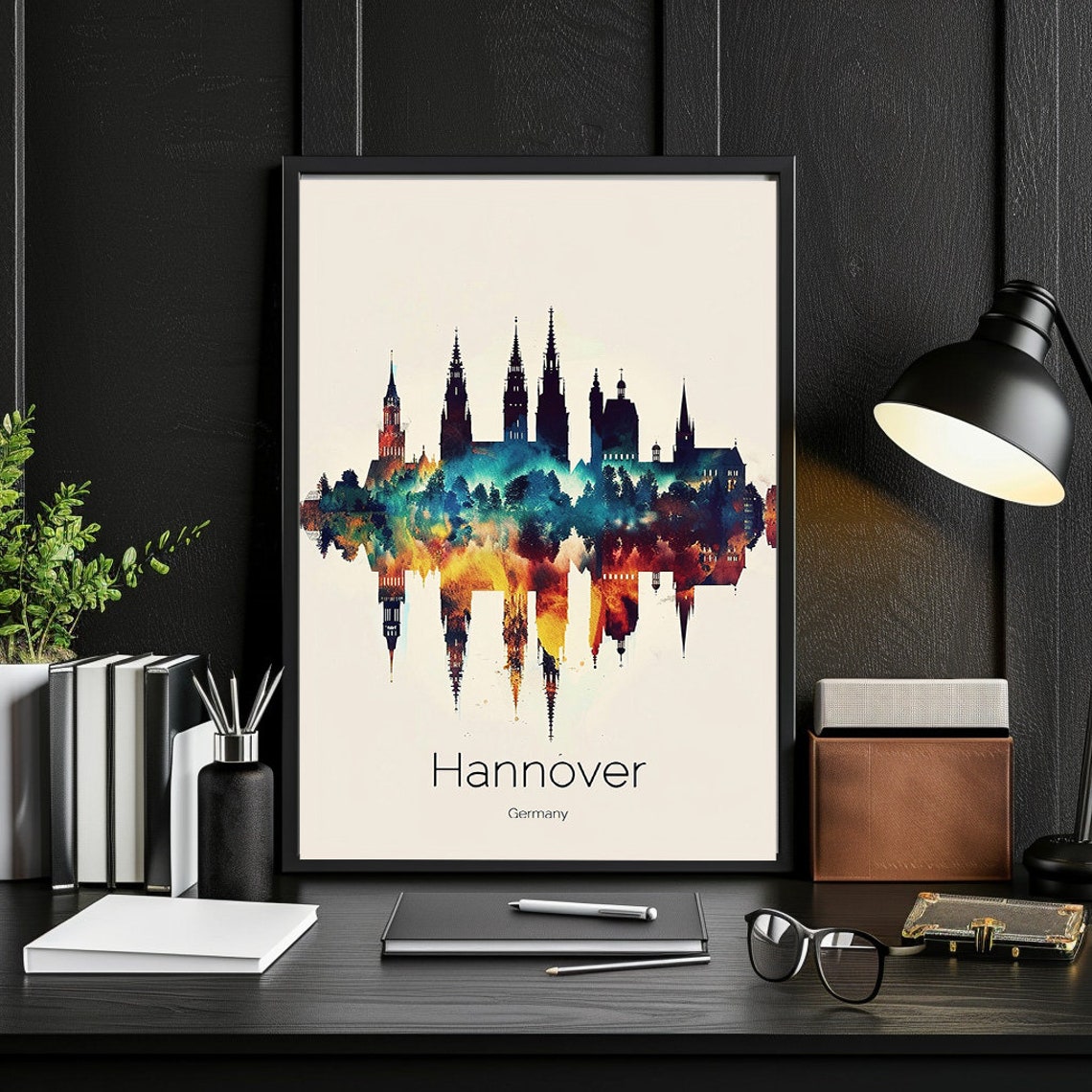 Hannover Germany Watercolor Church Spires Skyline Dusk Glow Poster