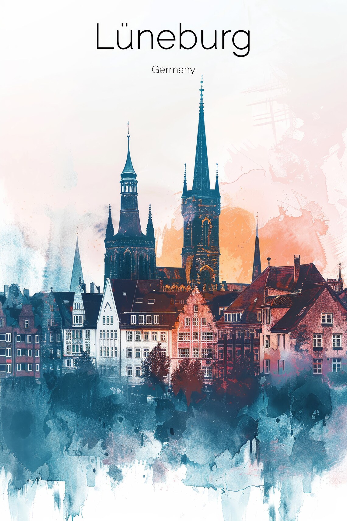 Luneburg Germany Old Town Pastel Watercolor Churches Travel Poster - Image 2
