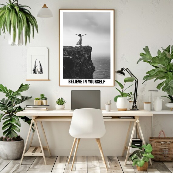 Black And White Photography Believe In Yourself Image Of A Woman On A Cliff In Various Sizes From 4x6 10 X 15 Cm To 24x36 60 X 90 Cm