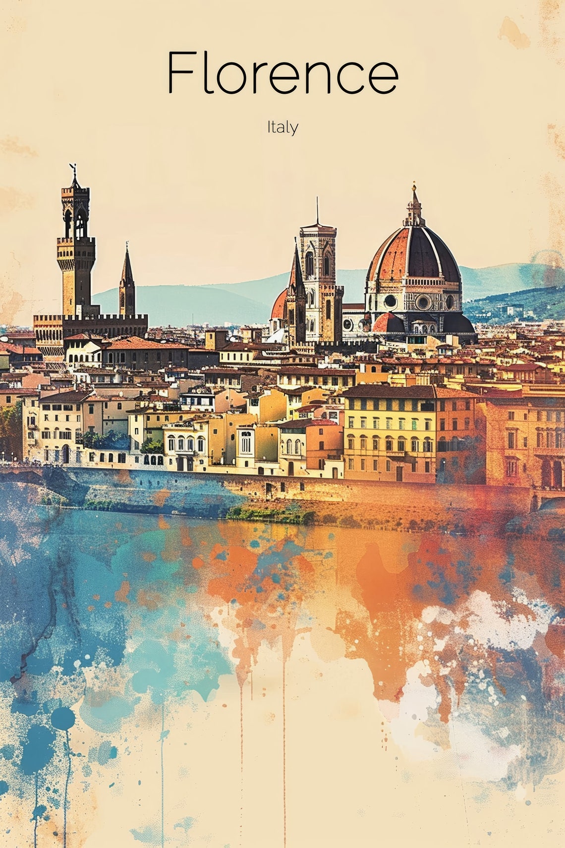 Florence Italy Watercolor Duomo Old Town Arno River Sunset Poster - Image 2