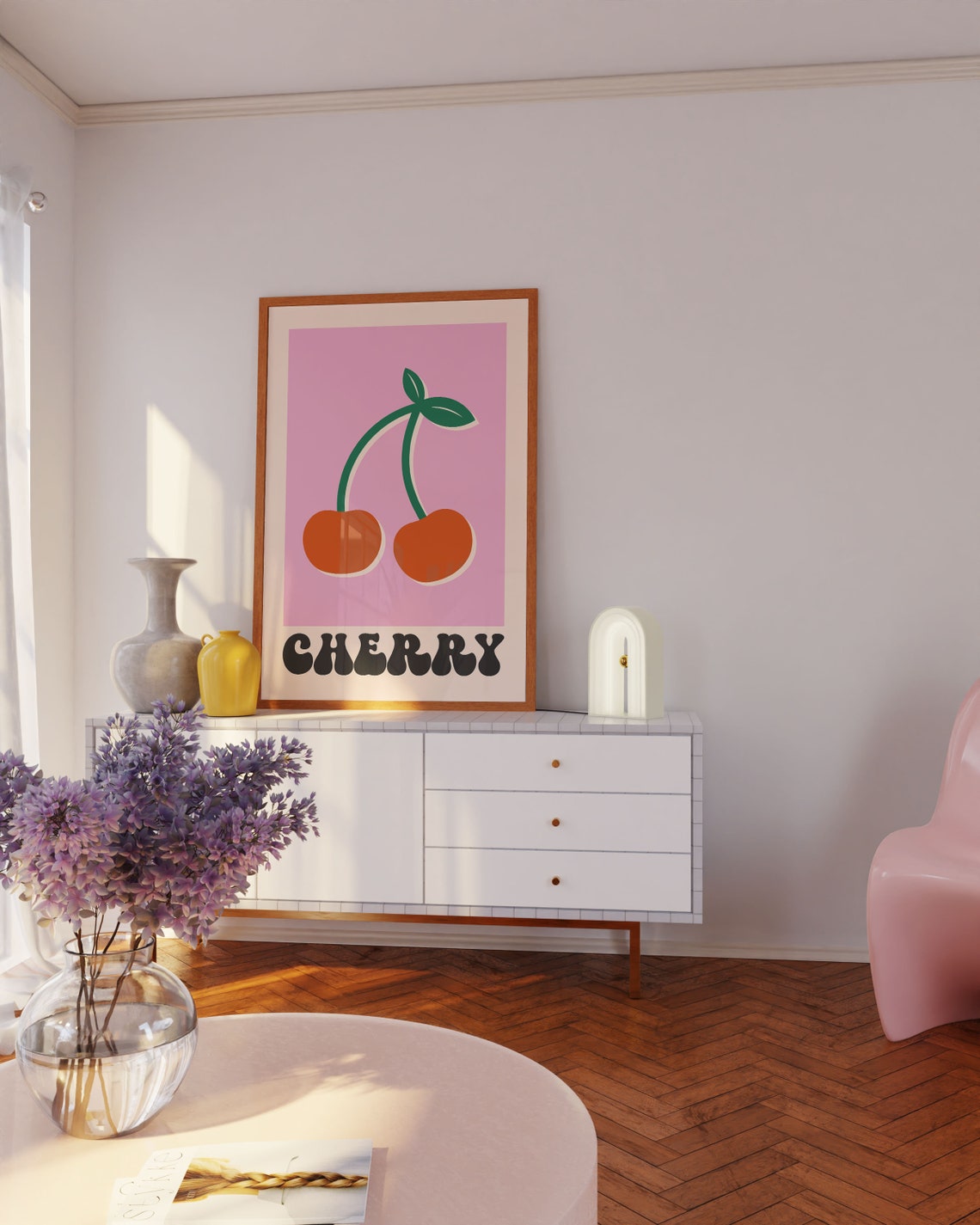 Cherry Retro Groovy Red Fruit Pink Kitchen Pop Wall Decor Art Poster - Image 3