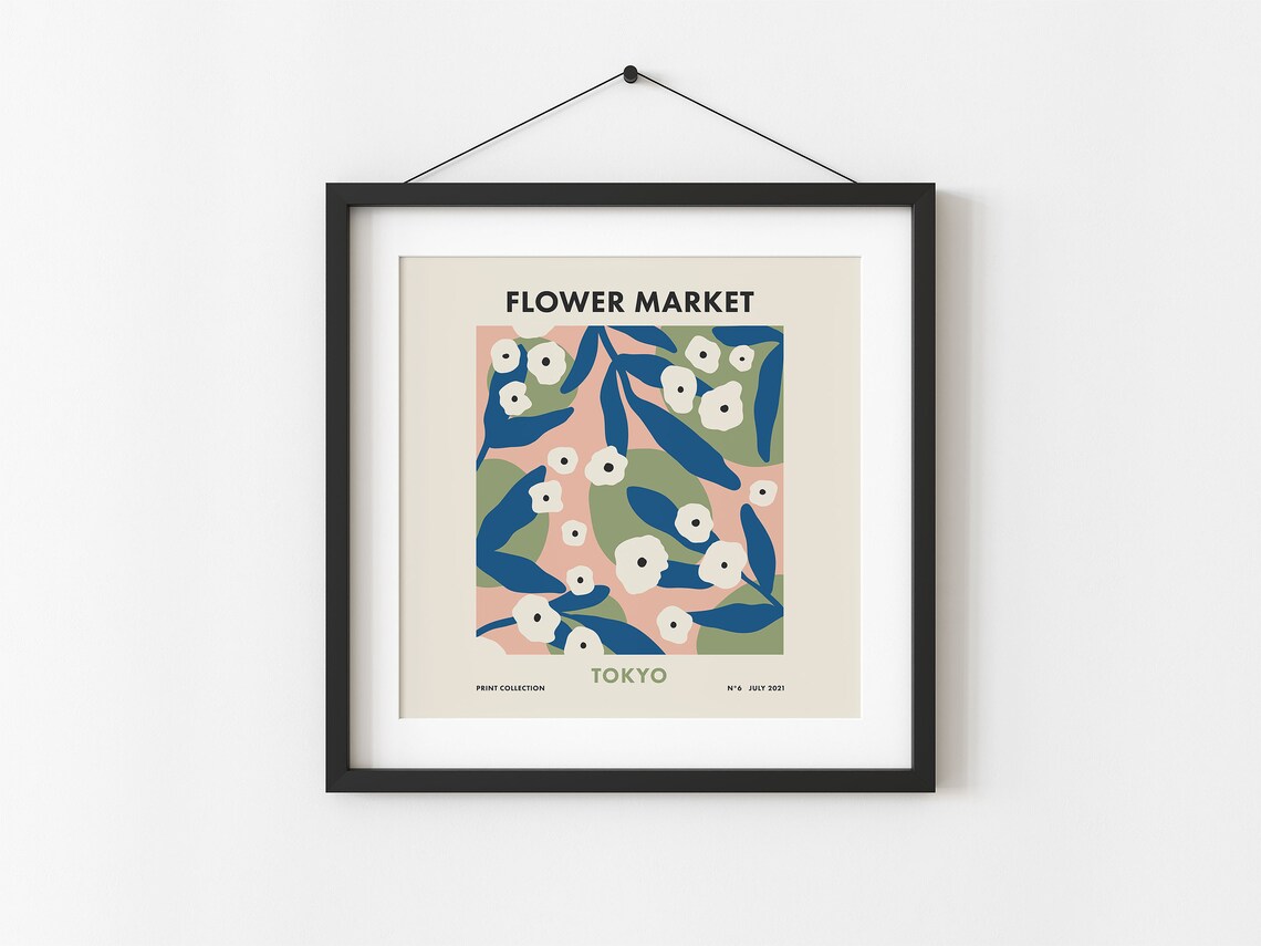 Flower Market Tokyo White Blossoms Retro Square Botanical Art Poster