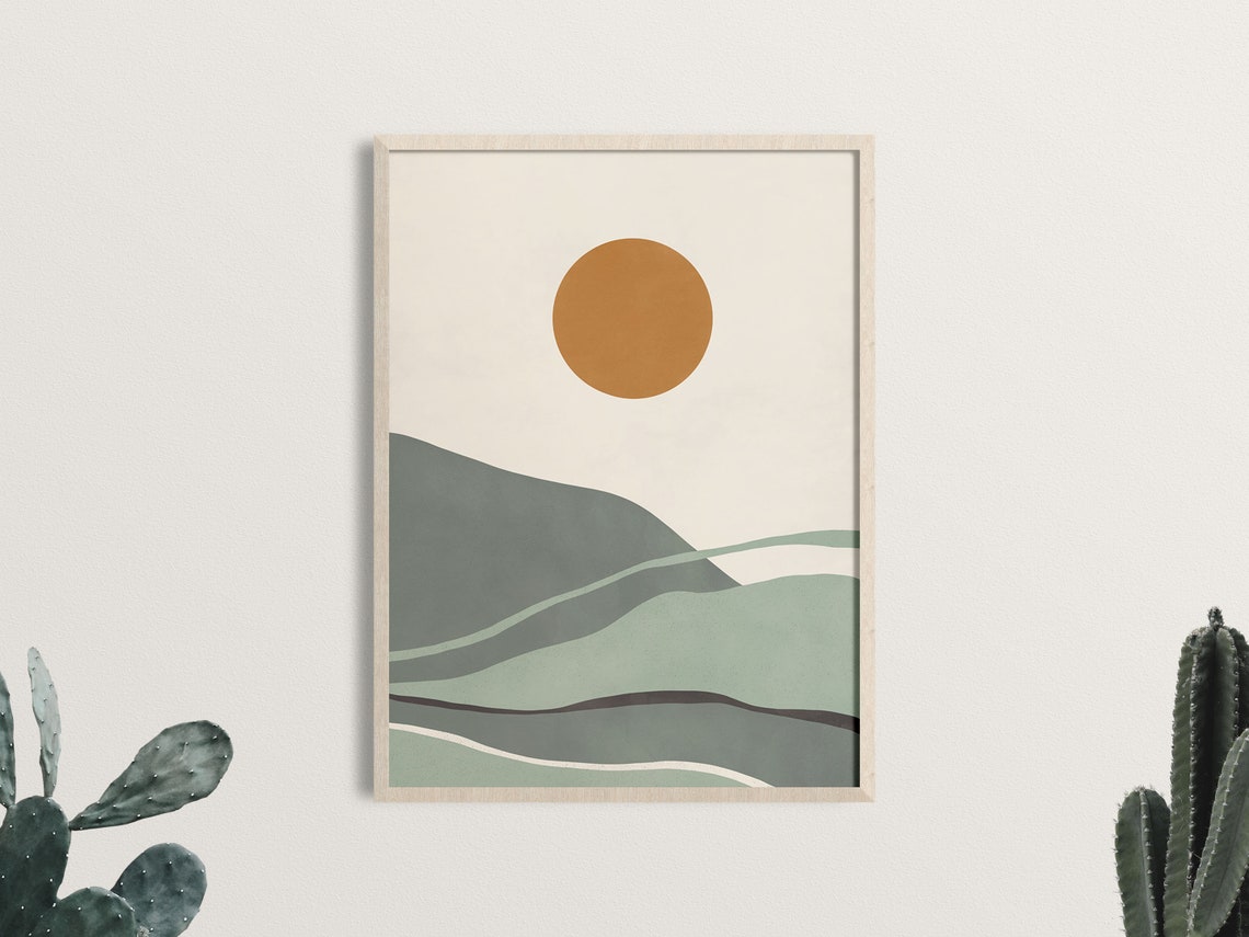 Boho Sunset Poster Minimalist Sage Green Rolling Hills Mustard Sun Art - Image 2