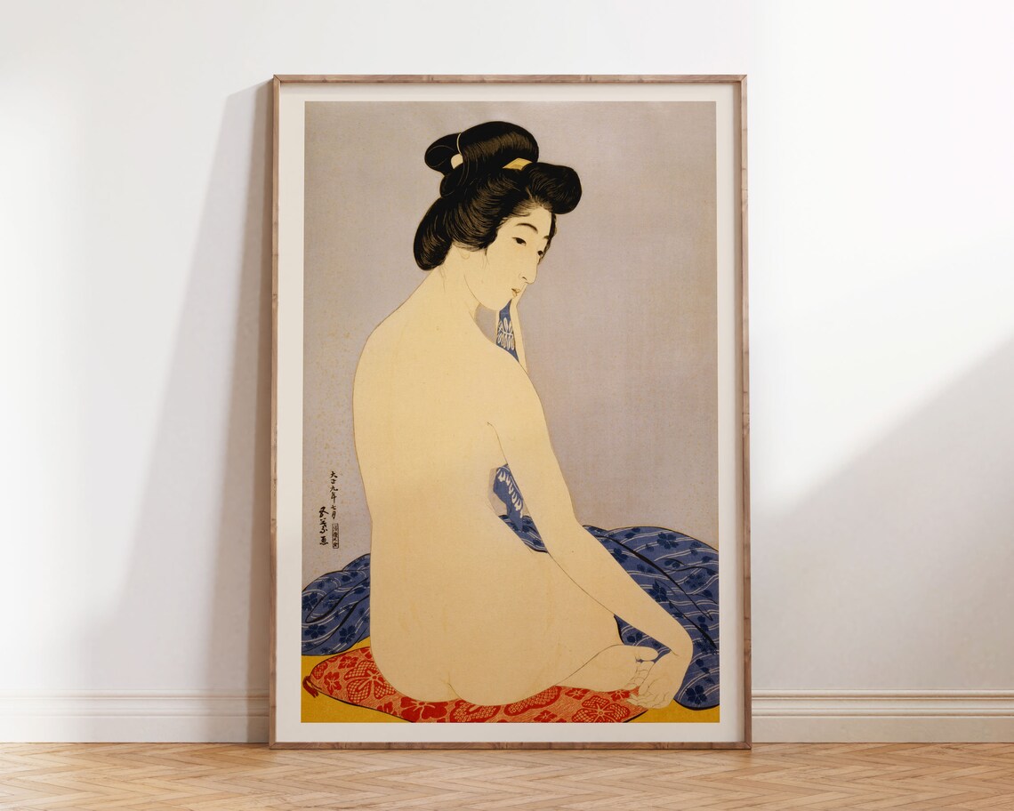 Vintage Japanese Beauty Woodblock Style Bathing Woman Art Poster
