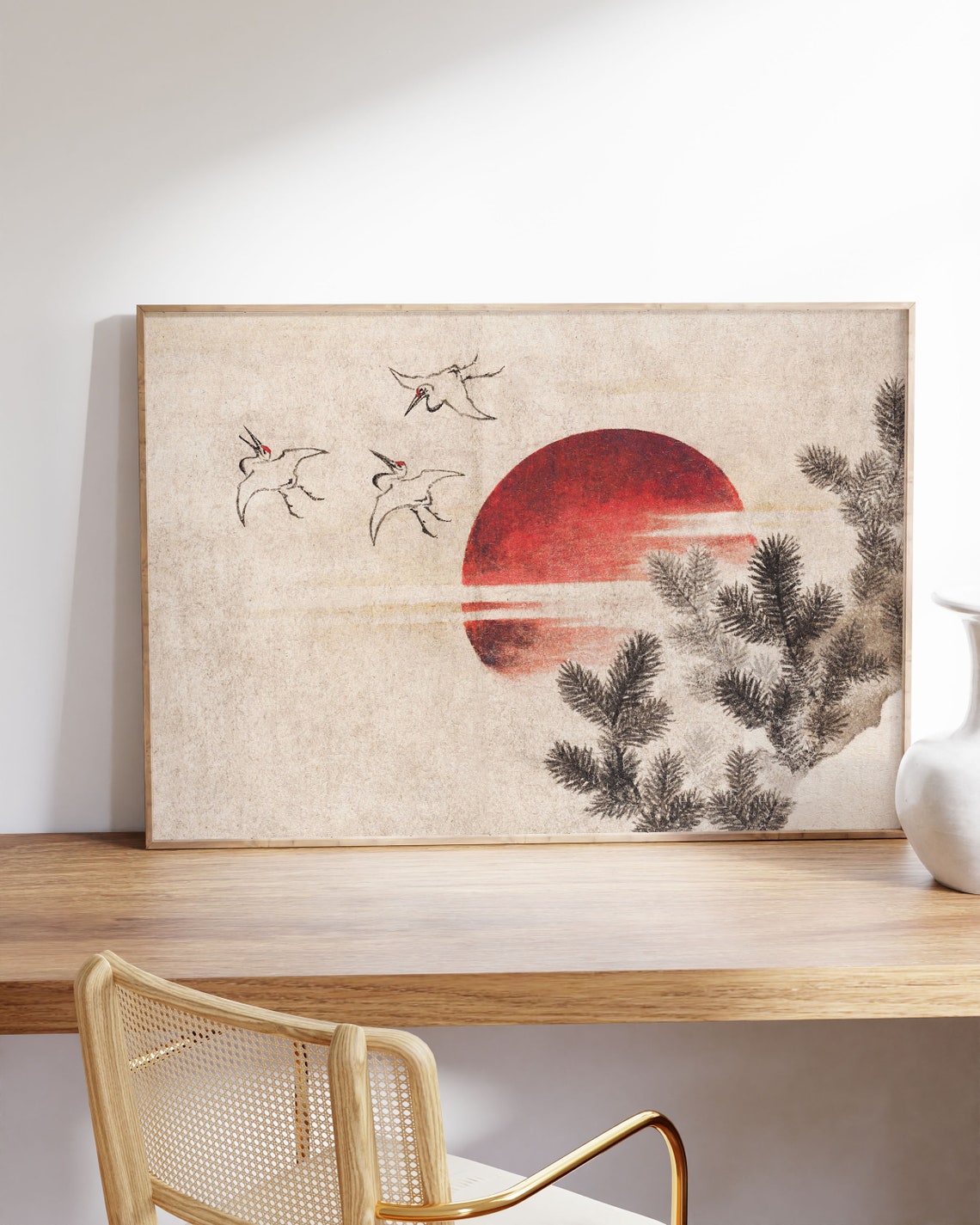 Japanese Red Sun Cranes Pine Trees Vintage Landscape Horizontal Poster - Image 2