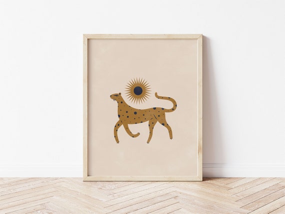 Cheetah Print Celestial Boho Wall Art In Pastel Earth Tones Mystical Animal With Moon And Stars