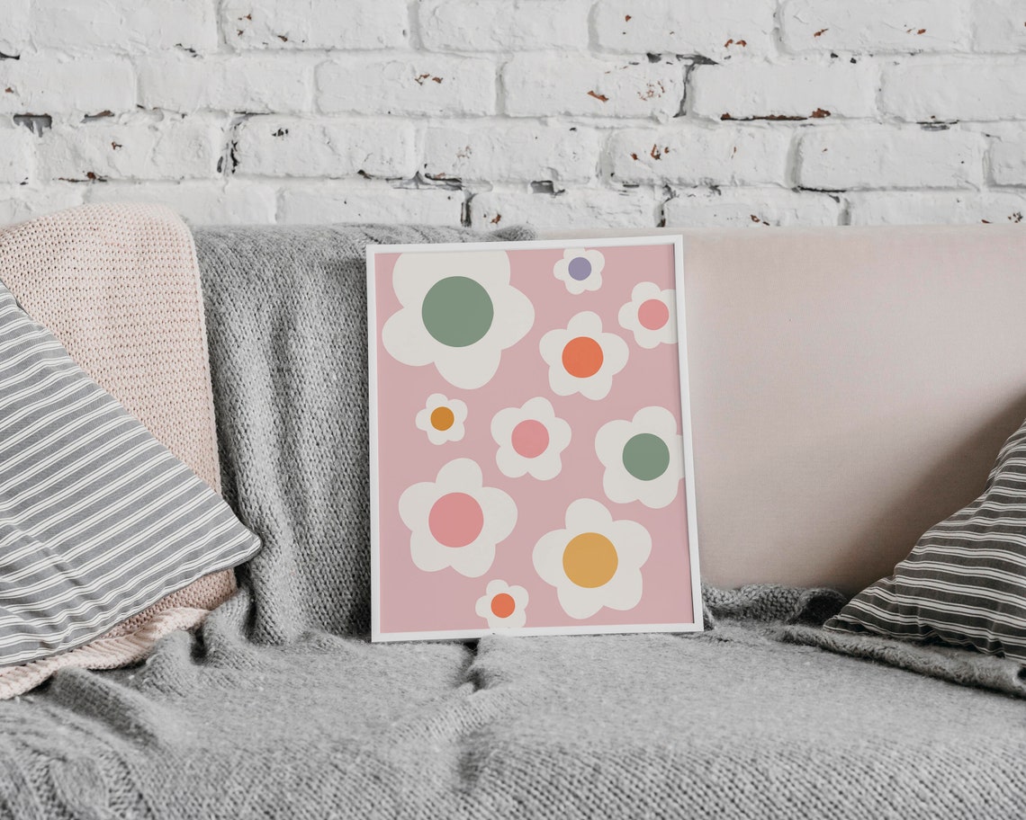 Trendy Funky Retro Daisy Floral Pattern Pink Botanical Wall Poster - Image 3