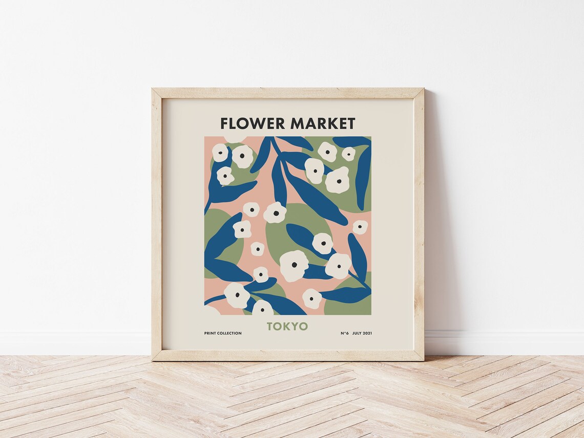 Flower Market Tokyo White Blossoms Retro Square Botanical Art Poster - Image 3