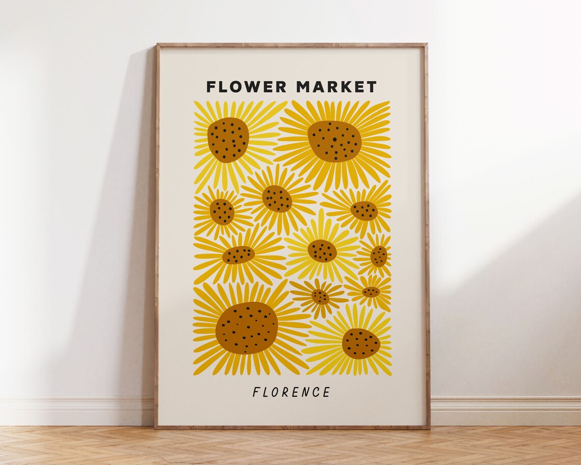 Flower Market Florence Sunflowers Cream Retro Botanical Poster