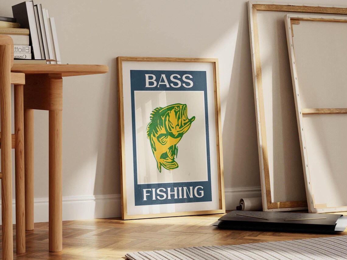 Bass Fishing Largemouth Bass Yellow Retro Badge Sports Art Poster