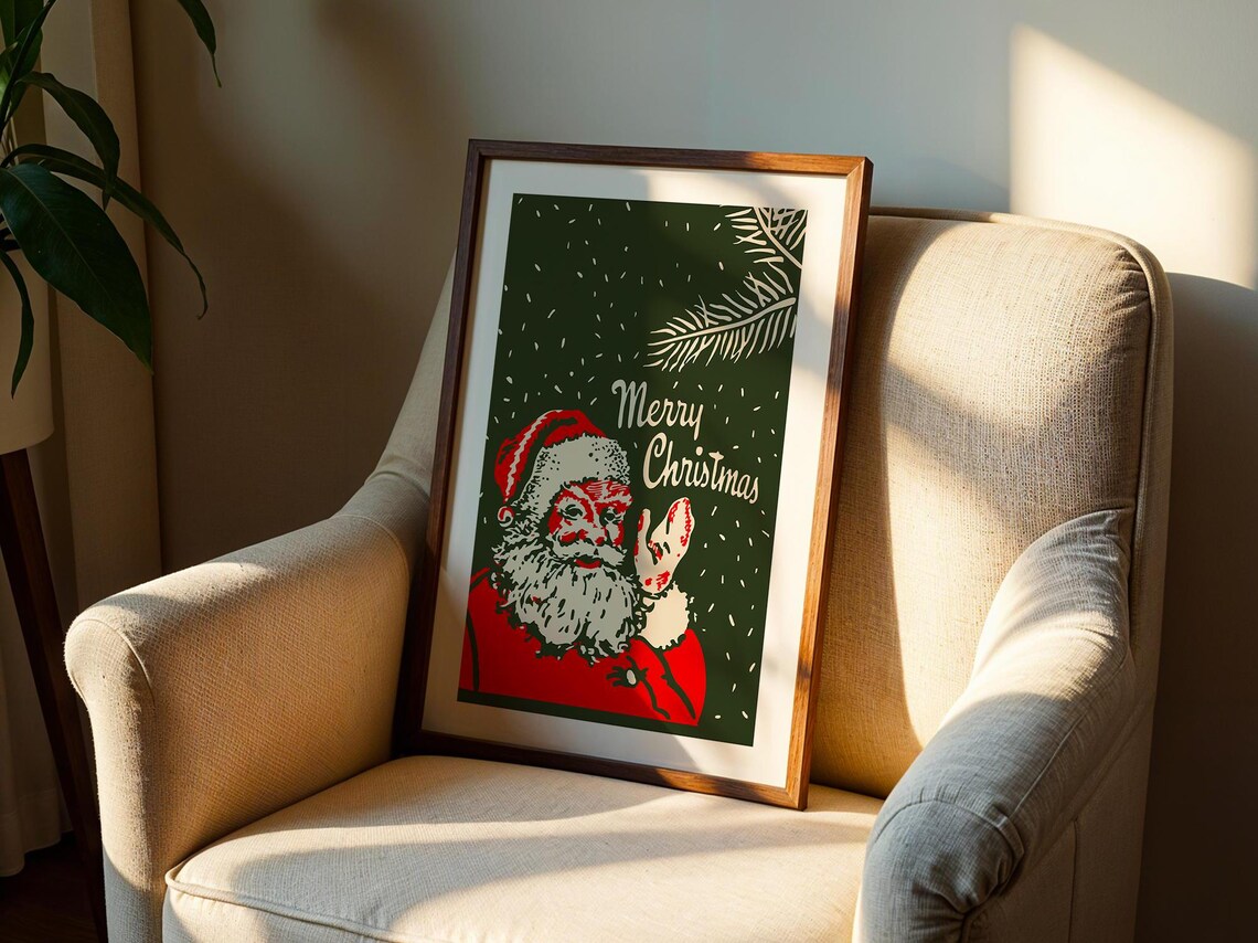 Merry Christmas Santa Claus Waving Vintage Holiday Retro Poster - Image 2